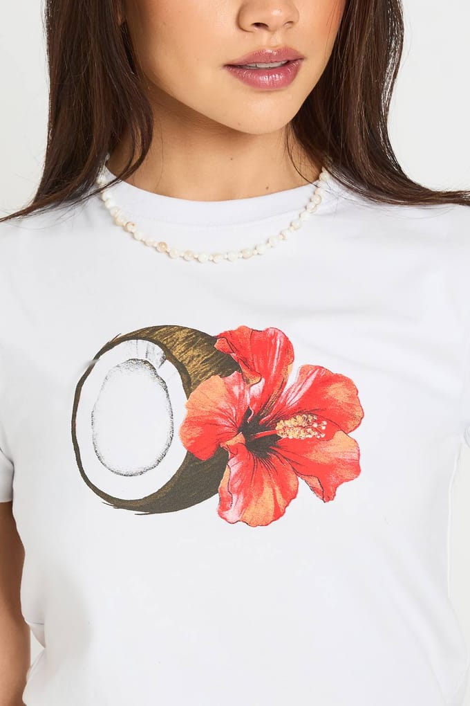 boohoo Dames Kokosnoot Print Baby Tee | Wit | Maat: Small