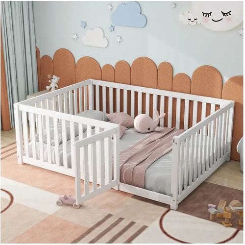 Merax Kinderbed 140 x 200, houten vloerbedframe met hek en deur, wit