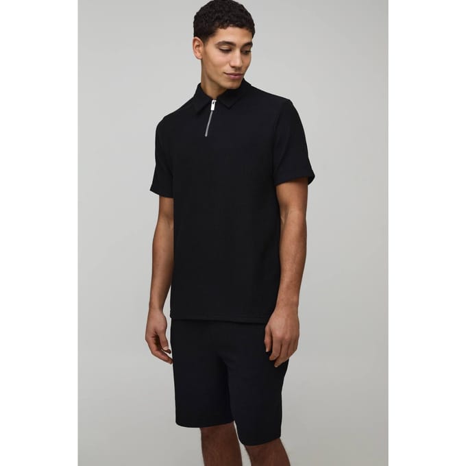 Slim Fit Geribbelde Jersey Polo & Shorts Set | Black | Size Large