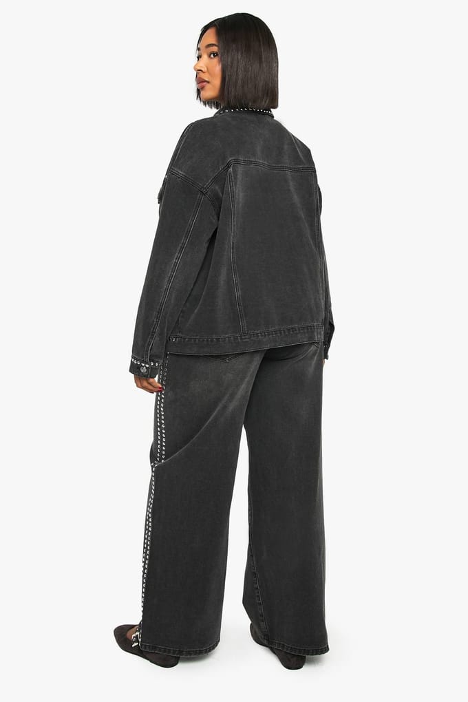 boohoo Dames Plus met studs versierde jeans met wijde pijpen | Black | Maat: 16