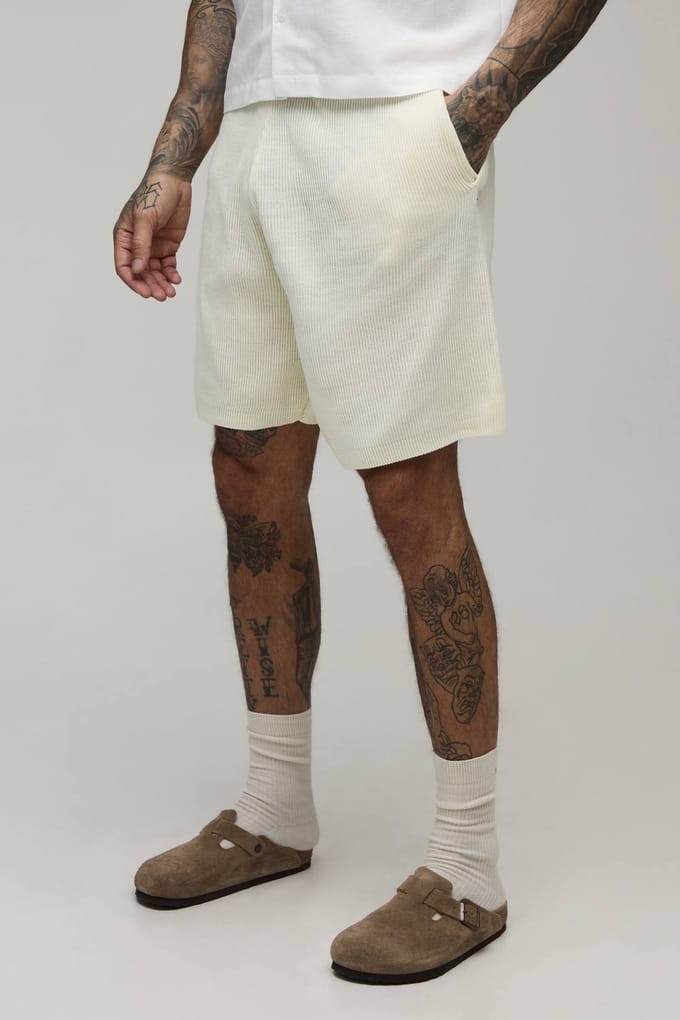 Lange Relaxed Geribbelde Gebreide Short | Ecru | Size Small