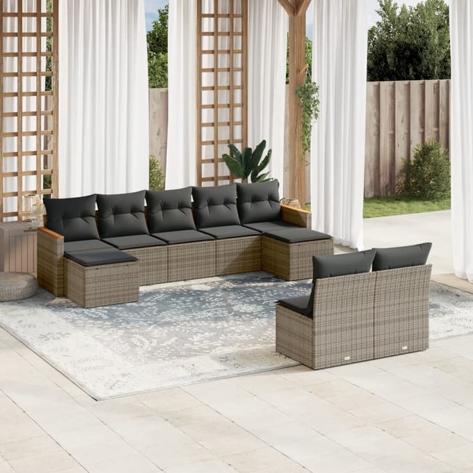 vidaXL - 9-delige - Loungeset - met - kussens - poly - rattan - grijs