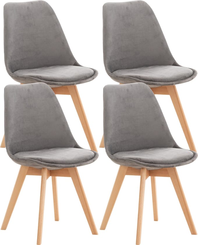 CLP Set van 4 Eetkamerstoelen Linares - met rugleuning - beukenhouten frame - Fluweel/grijs