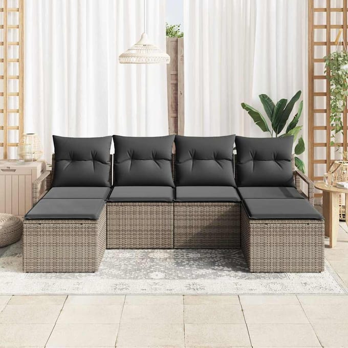 vidaXL Bankstel met kussen met opslag 6 pcs Grijs poly rattan