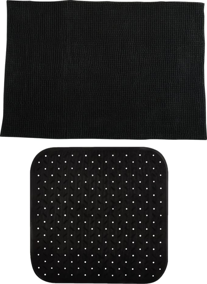MSV Douche anti-slip mat en droogloop mat - Sevilla badkamer set - rubber/microvezel - zwart