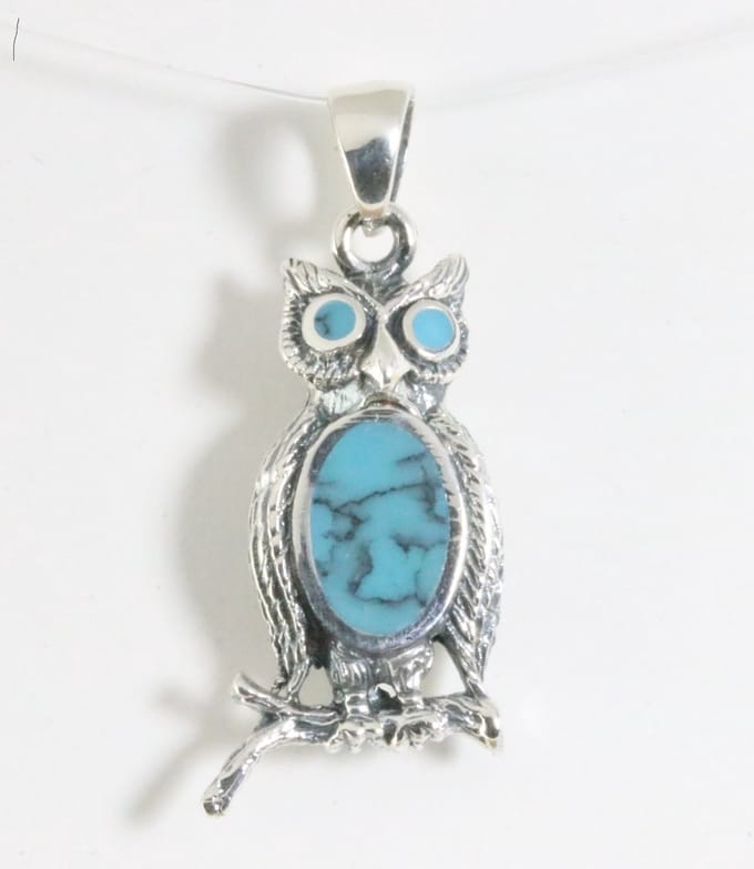 Zilveren uil hanger met blauwe turkoois