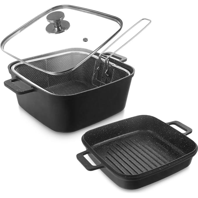 Granieten Pot Met Glazen Deksel Grill Pan Mand Grande 2 + 4 L 4 El.