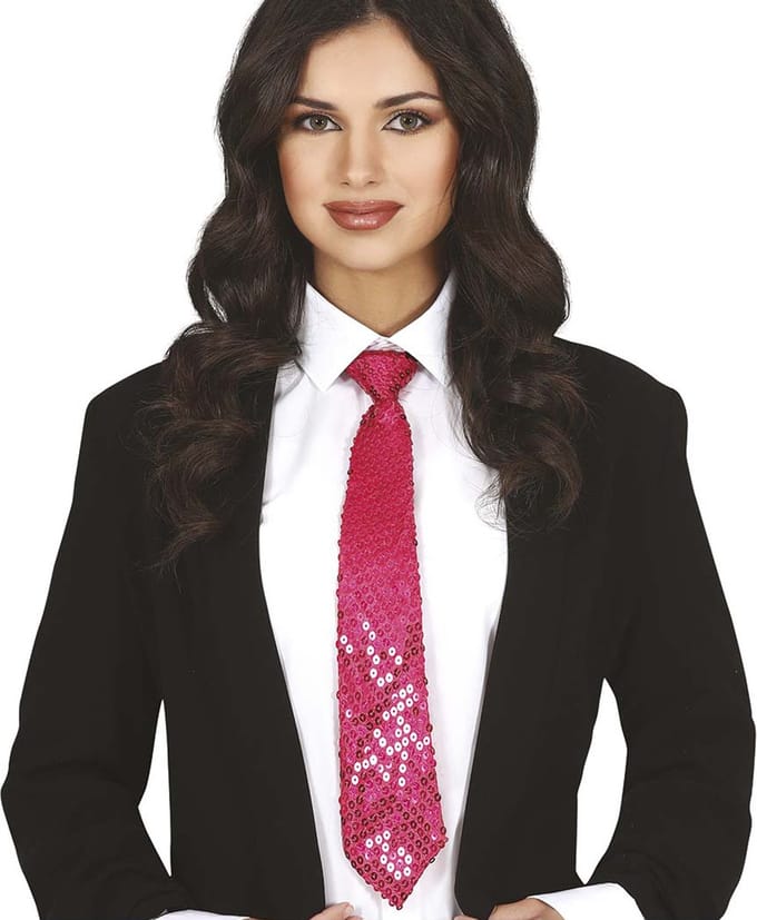 Fiestas Guirca Carnaval verkleed stropdas met pailletten - fuchsia roze - polyester - volwassenen