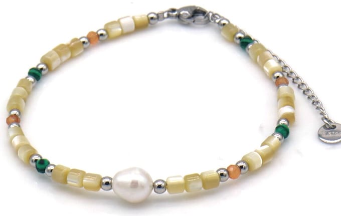 Armband - RVS - glaskralen en stenen - zilverkleurig - 16-21 cm - dames