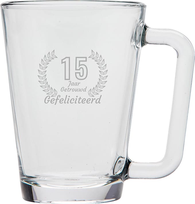 Gegraveerde theeglas 26cl Gefeliciteerd 15 jaar getrouwd