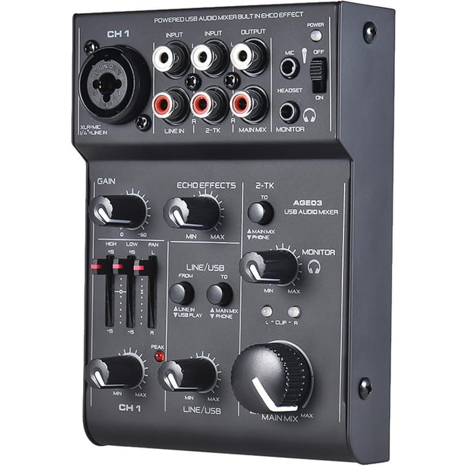 AGE03 Mini console de mixage micro-ligne 5 canaux avec interface audio USB Echo intégré black