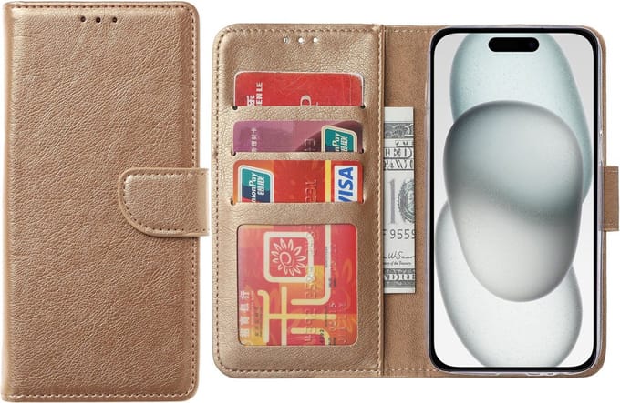 Hoesje Geschikt voor iPhone 15 – Arara bookcase met pasjeshouder- Goud