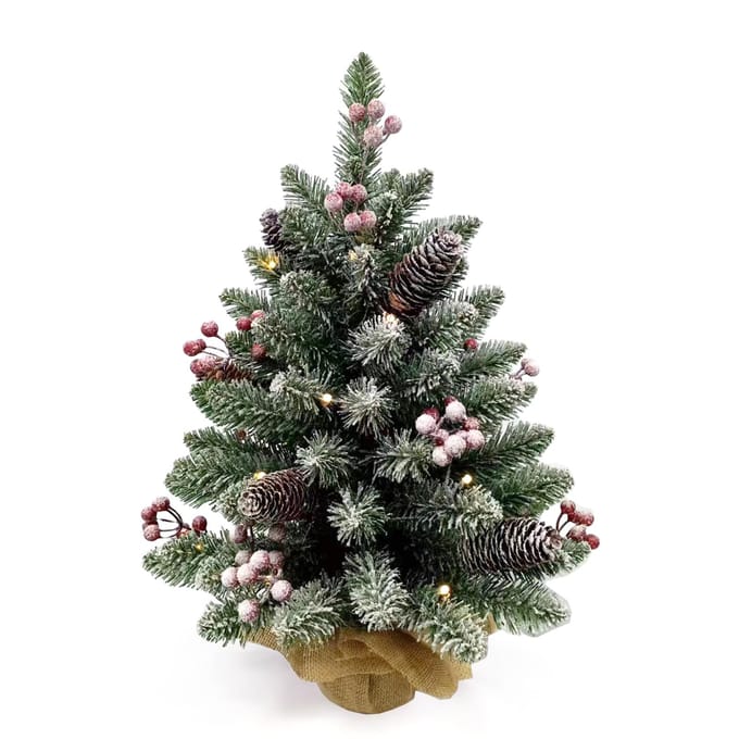 Petit arbre de Noël de 20 pouces Décor de table avec guirlande lumineuse LED blanc chaud Fruit rouge Pin en plastique Red Fruit Plastic Pine gray