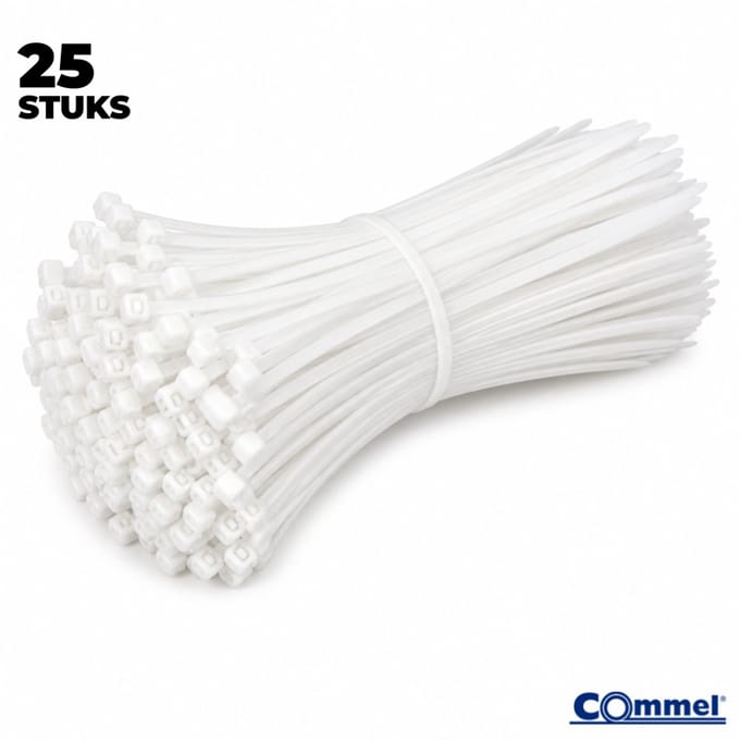 25x Commel Kabelbinders - 250 x 7.5 mm - Wit - Nylon - Treksterkte 55kg