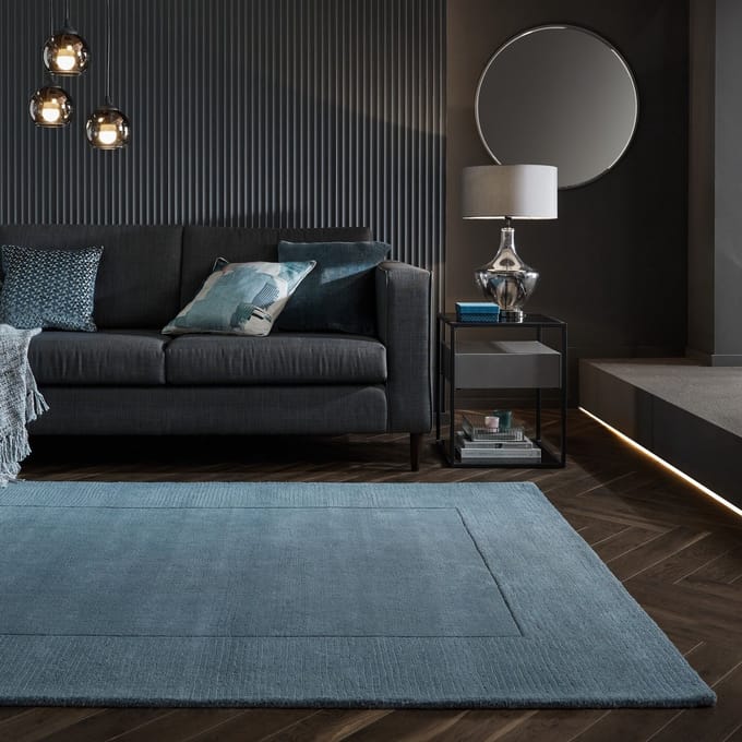 Flycarpets Tuscany Modern Wol - Effen - Kader Vloerkleed - Blauw - 120x170 cm