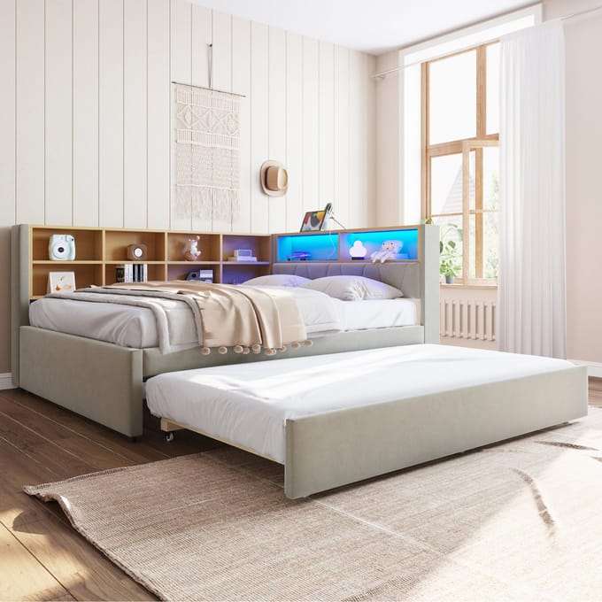 MODFU Slaapbank 140x200 cm – Uitschuifbed 90x190 cm – LED – USB & Type-C – Flanel lichtgrijs
