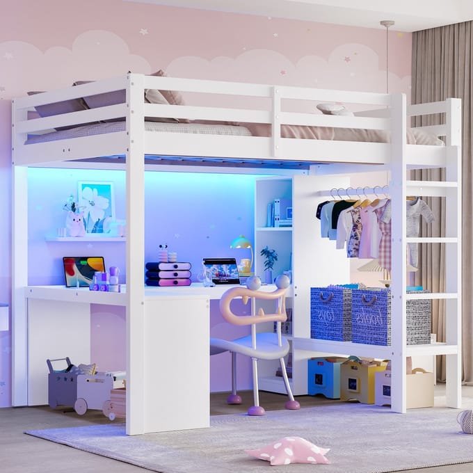 Sweiko Hoogslaper - 140 x 200 cm - Met bureau - Opbergrek - LED-verlichting - USB-aansluiting - Wit