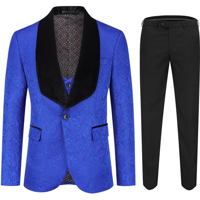 3-delig paisleyblauw pak met sjaalkraag