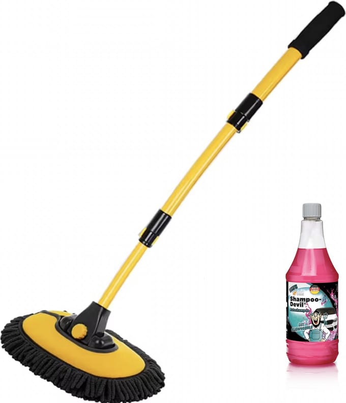 Gebogen Telescopische auto wasborstel + 1L Tuga - Shampoo Duivel - Wash & Wax Autoshampoo