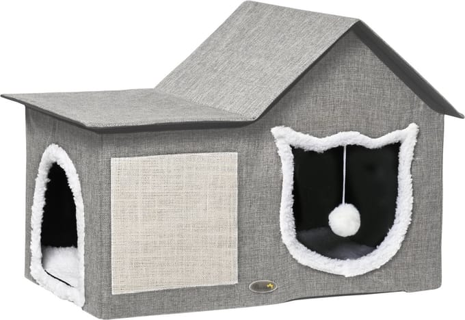 PawHut kattenhol met kussen en krasmat - Kattenhuis met twee ingangen - Kattenmand voor binnen