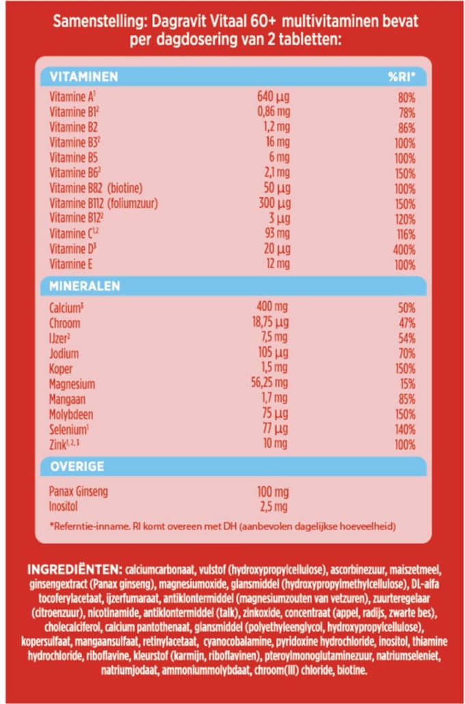 Dagravit Vitaal 60+ Multivitaminen - 4 x 60 tabletten - Voordeelverpakking