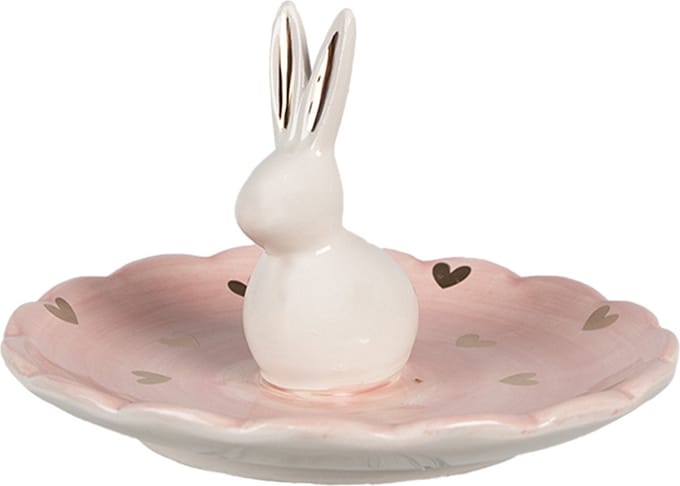 Clayre & Eef Schaaltje Konijn Ø 14x9 cm Roze Keramiek Hartjes