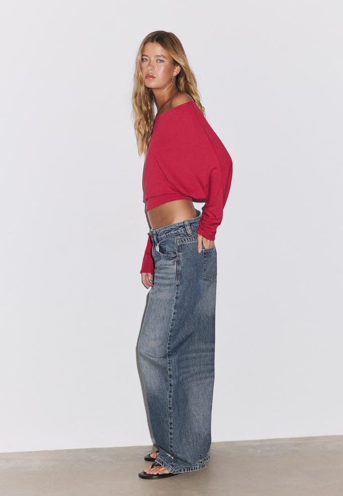 Stradivarius Barrel jeans met low-rise  MIDDENBLAUWE DENIM WASSING 34
