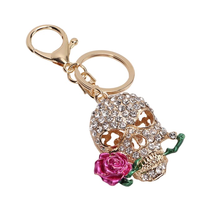 Sleutelhanger Schedel Dood Roos Bloem Schedel Auto Sleutelhanger met Sleutelringen Haak Coole Sleutelhanger voor Auto roze