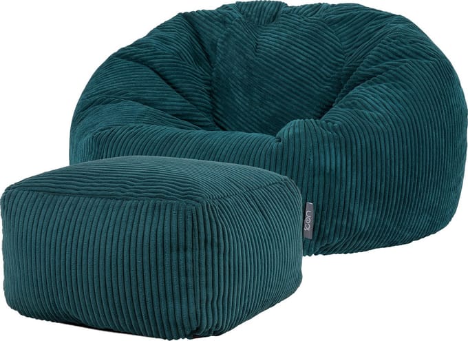 icon - Kingston Zitzak Fauteuil met Poef - Ribfluweel - Blauwgroen