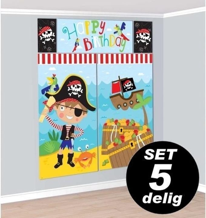 Wanddecoratie Happy Birthday Piraat / Piratenfeest - groot formaat set 5 delig
