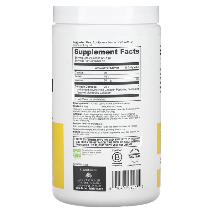 Ancient Nutrition, Collageen Peptiden, Vanillesmaak, 241 g (214,2 g)