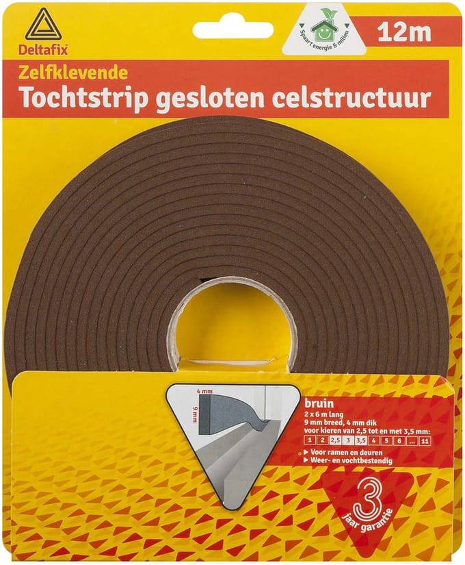 Deltafix Tochtstrip - tochtwering - bruin - zelfklevend - universeel - 12 m x 9 mm x 4 mm