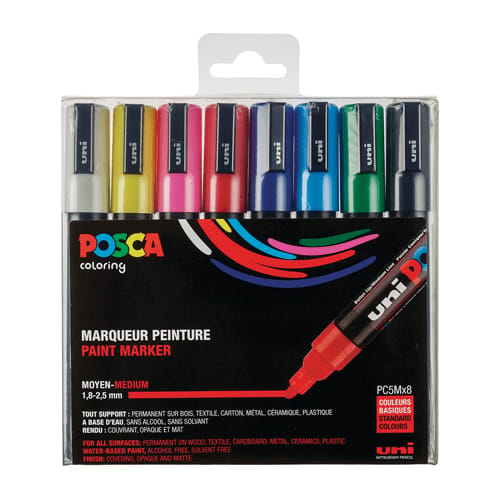 POSCA Paintmarker PC-5M - 1,8 - 2,5 mm - Uni Mitsubishi Pencil - etui van 8 stuks in basiskleuren