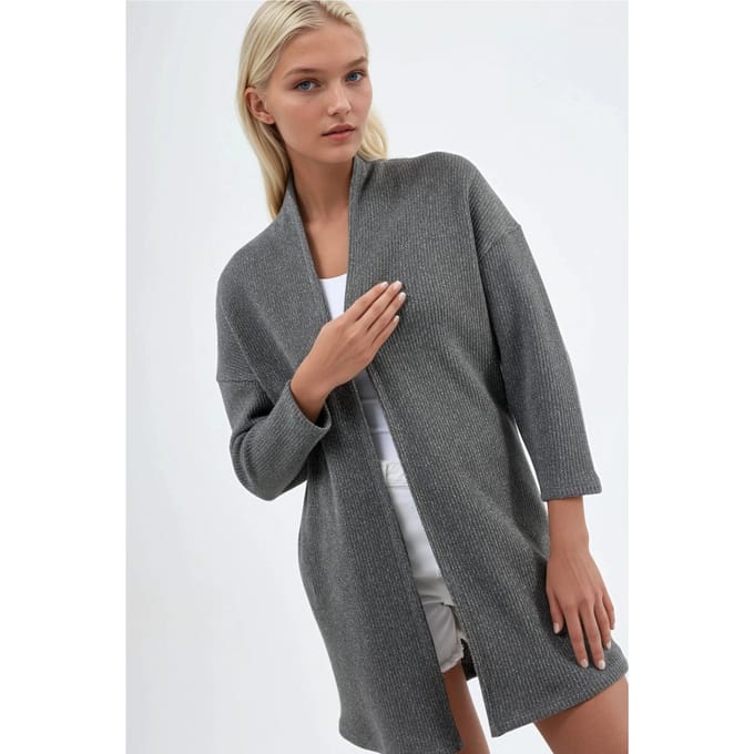 Lange Geribbelde Brei Cardigan met Open Kraag