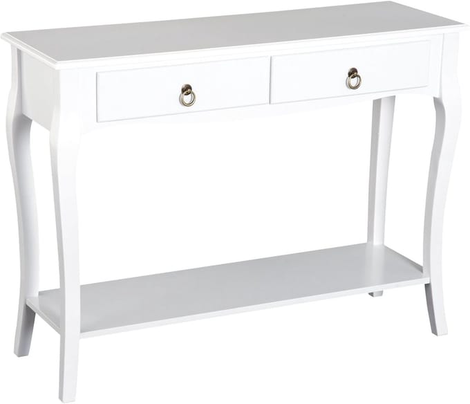 Sidetable – Consoletafel – Wandtafel – Haltafel – Dressoir – Wit – MDF Met Houten Poten – Compact 100x33x75 cm – 2 Laden