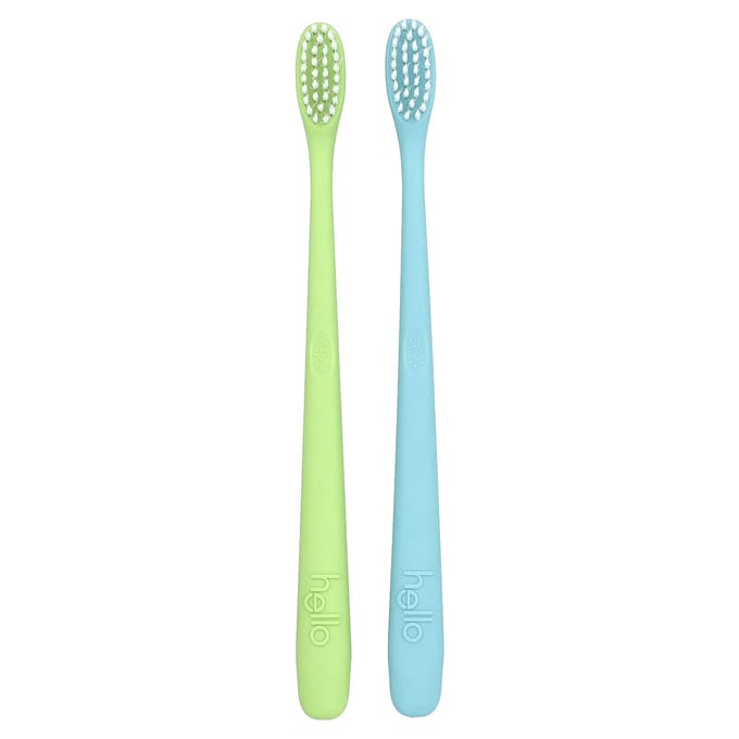 Bonjour, brosse à dents sans BPA, poils souples, vert/bleu, lot de 2 white