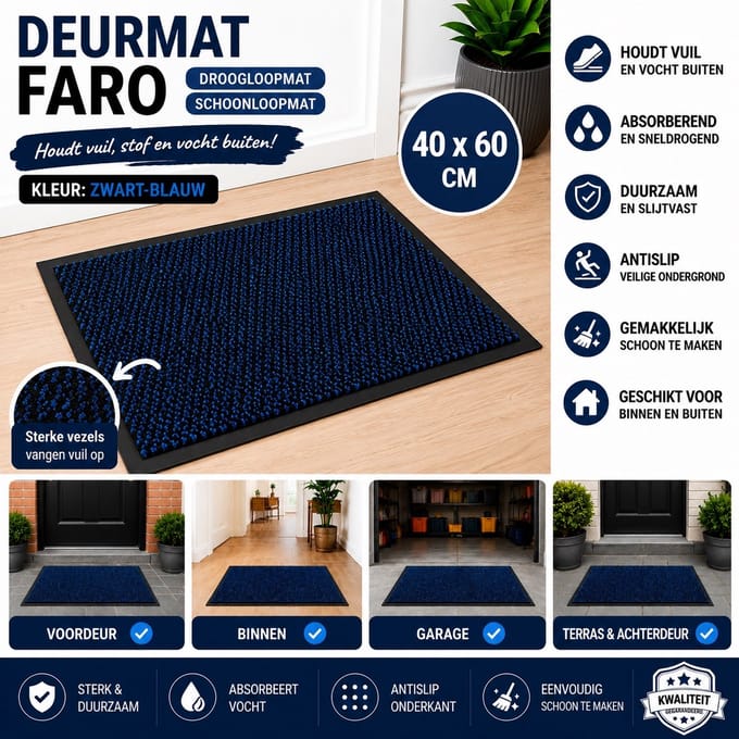 Wicotex - Deurmat - Schoonloopmat Faro - Afmeting 40x60cm - Kleur Zwart - Blauw