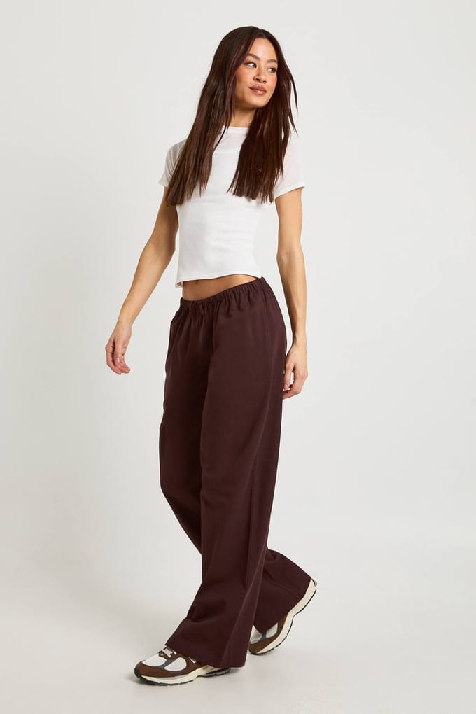 boohoo Dames Lange Chambray Wijde Broek met Trekkoord | Chocoladebruin | Maat: 34