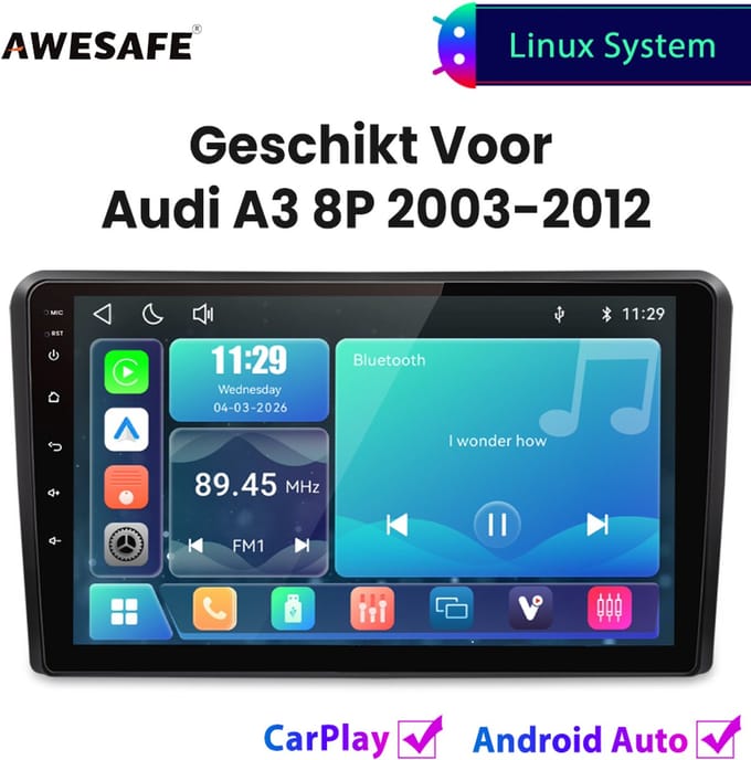 Awesafe Autoradio - Geschikt Voor Audi A3 8P 2003 t/m 2012 - Draadloos Carplay Android Auto - Linux systeem - Touchscreen - Bluetooth Wifi - 2003 2004 2005 2006 2007 2008 2009 2010 2011 2012