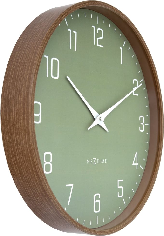 Wandklok 30cm-Stilte-Donkere houtpatroon/Olive-Plastic-NeXtime 'Lyra'
