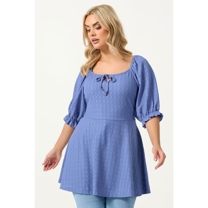 Yours Blauwe Getextureerde Melkmeisjestop Size 46