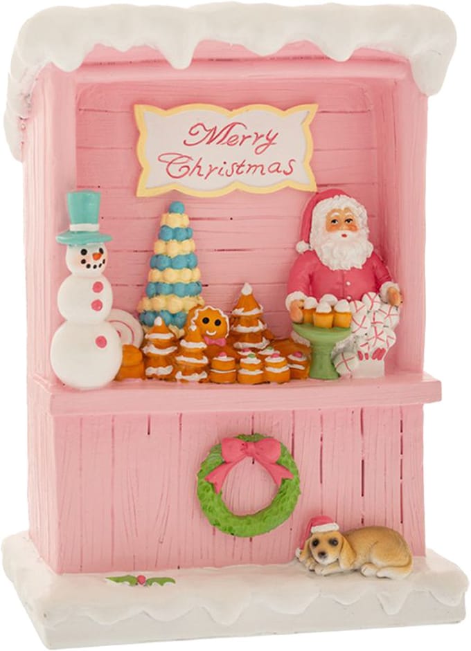 Viv! Christmas Kerstbeeld - Snoepwinkel met Kerstman en Hond - pastel roze - 24cm