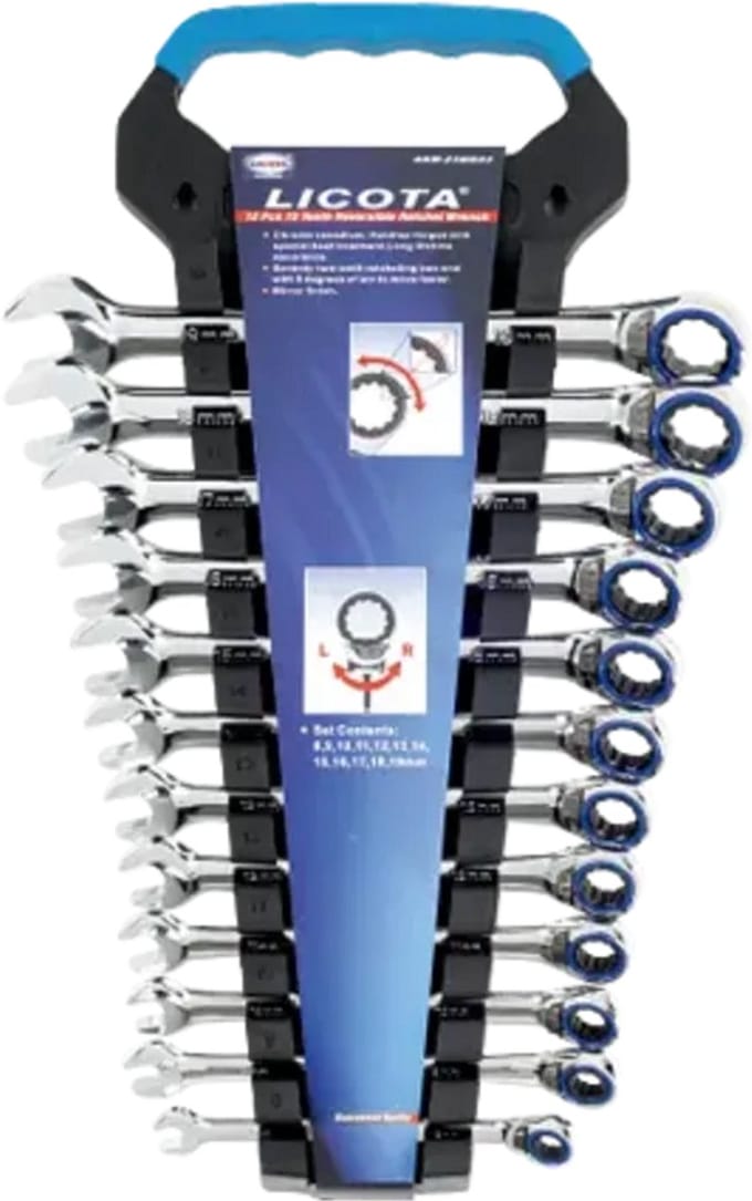 Ringratelsleutel Set, 12-delig (8-19mm), 72 Tanden, Omschakelbaar