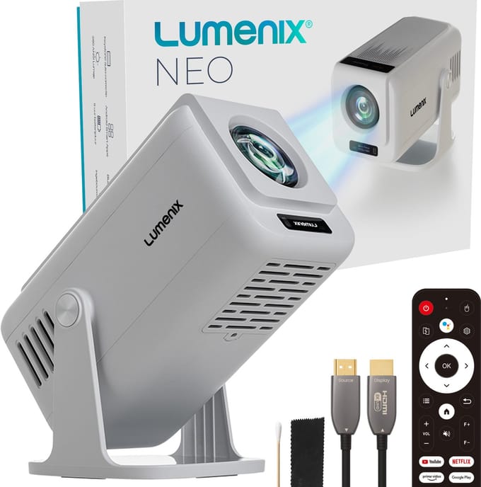 Lumenix® NEO Mini Beamer – Full HD Projector met Netflix, Android 13, WiFi 6 & Bluetooth 5.0 – Autofocus & 4D Keystone – Thuisbioscoop Beamer – Kleine Projector – Wit