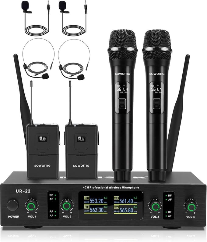Draadloze 4-Kanaals UHF Microfoonset met Hand-, Headset- en Lavalier Microfoon (90m)