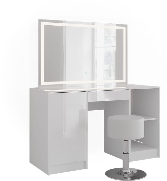 Vicco Kaptafel set met kruk Sherry, Wit/Wit Hoogglans, 128.2 cm met LED-spiegel en kruk