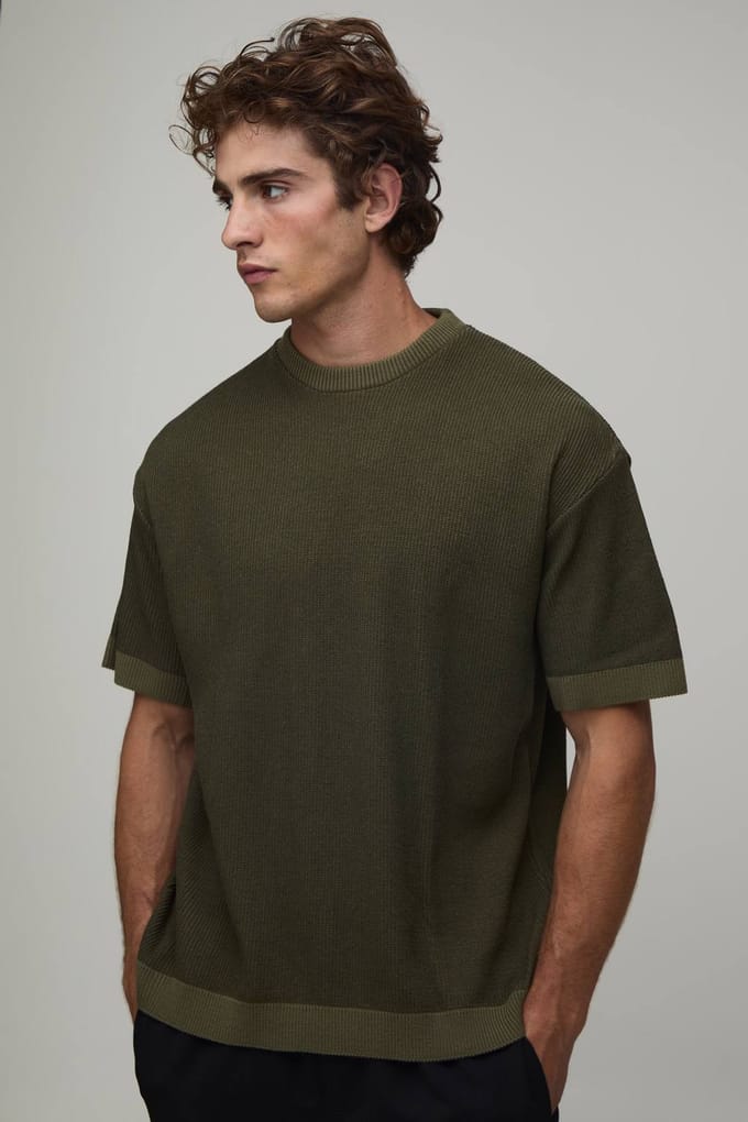 Regular Fit Geribbeld Ringer Gebreid T-shirt | Olive | Size Small