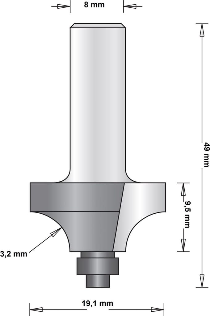 Hitachi 8 mm afrondfrees met onderlager 19.1 x 49 x 3.2mm