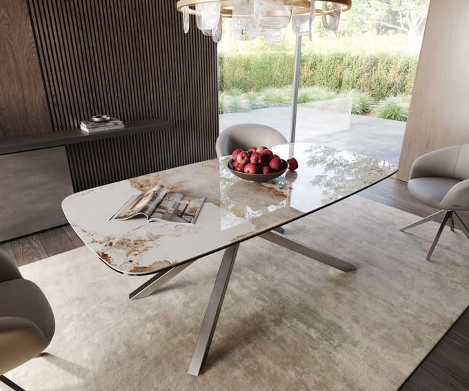 Eetkamertafel Edge wit-beige Boot keramiek Minas Melange 200x100 kruisframe rechthoek RVS