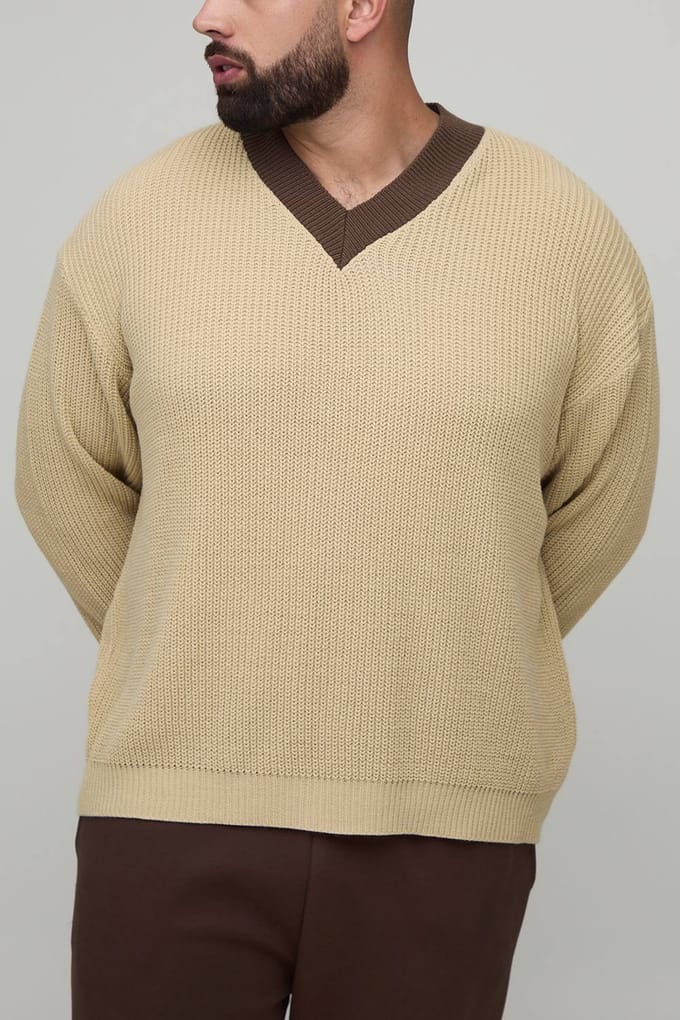 Plus Oversized Gebreide Contrasterende V-hals Trui | Ecru | Size 2XL
